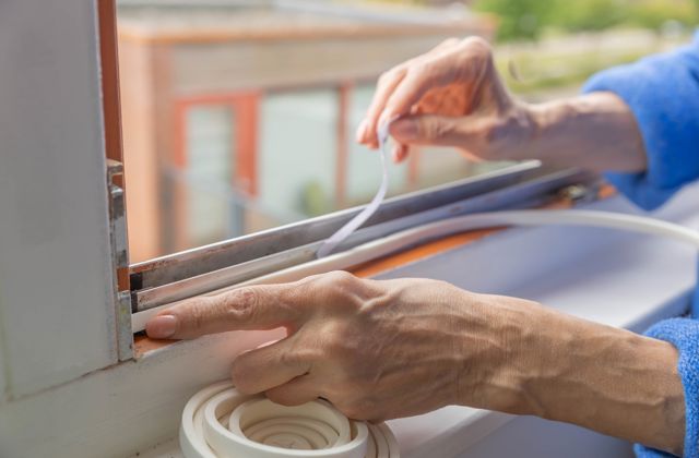 Iemand dicht de kieren bij haar raam met tochtband.