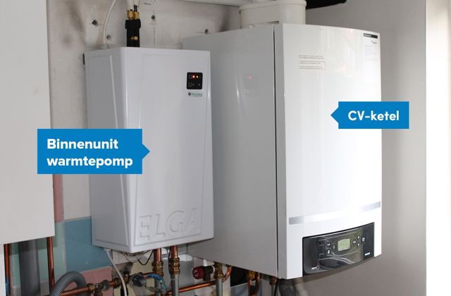 Hybride warmtepomp hangt naast cv-ketel.