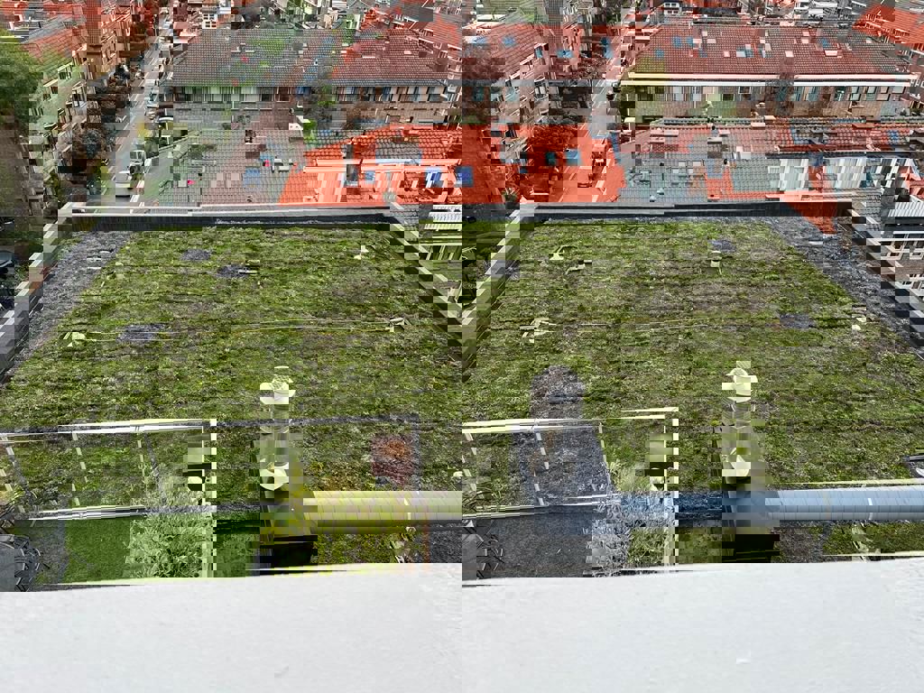 Een groen dak bovenop een appartementencomplex.