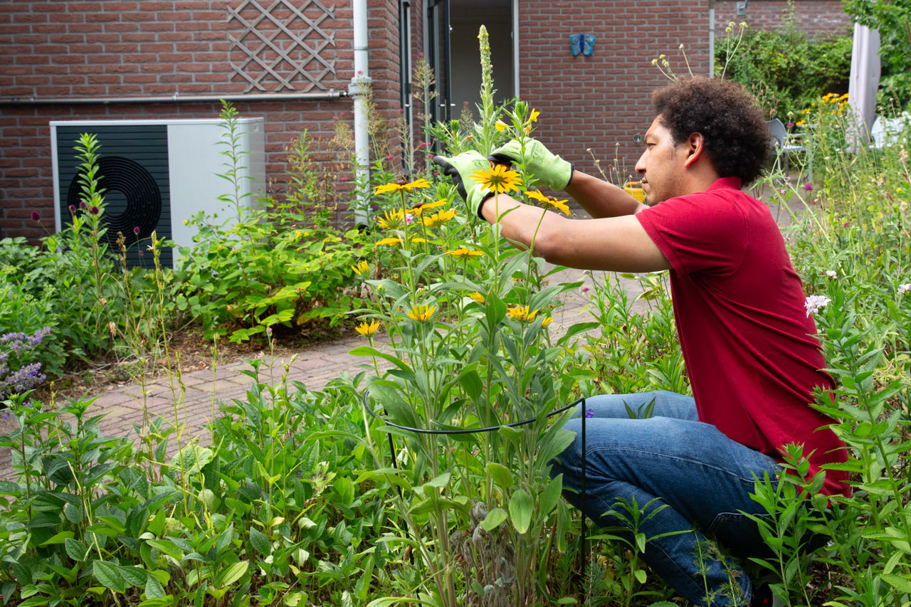 Man knipt bloem in tuin, op achtergrond de buitenunit van een warmtepomp