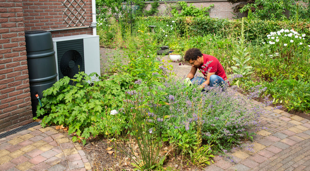 Man in tuin met bloeiende planten. Tegen het huis de buitenunit van een warmtepomp